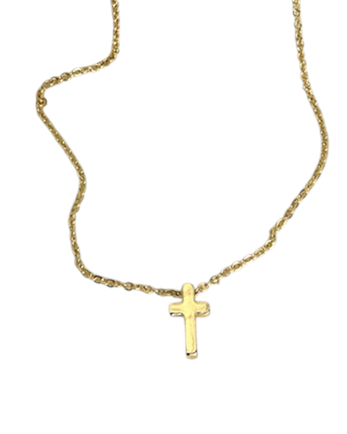 Gold cross necklace on a white background.