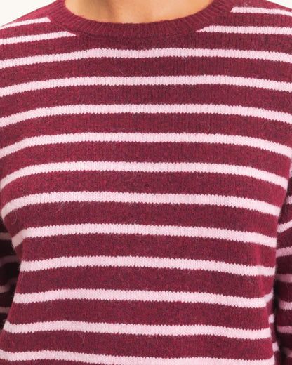 A close-up of a crewneck knit sweater with horizontal stripes in burgundy and light pink.