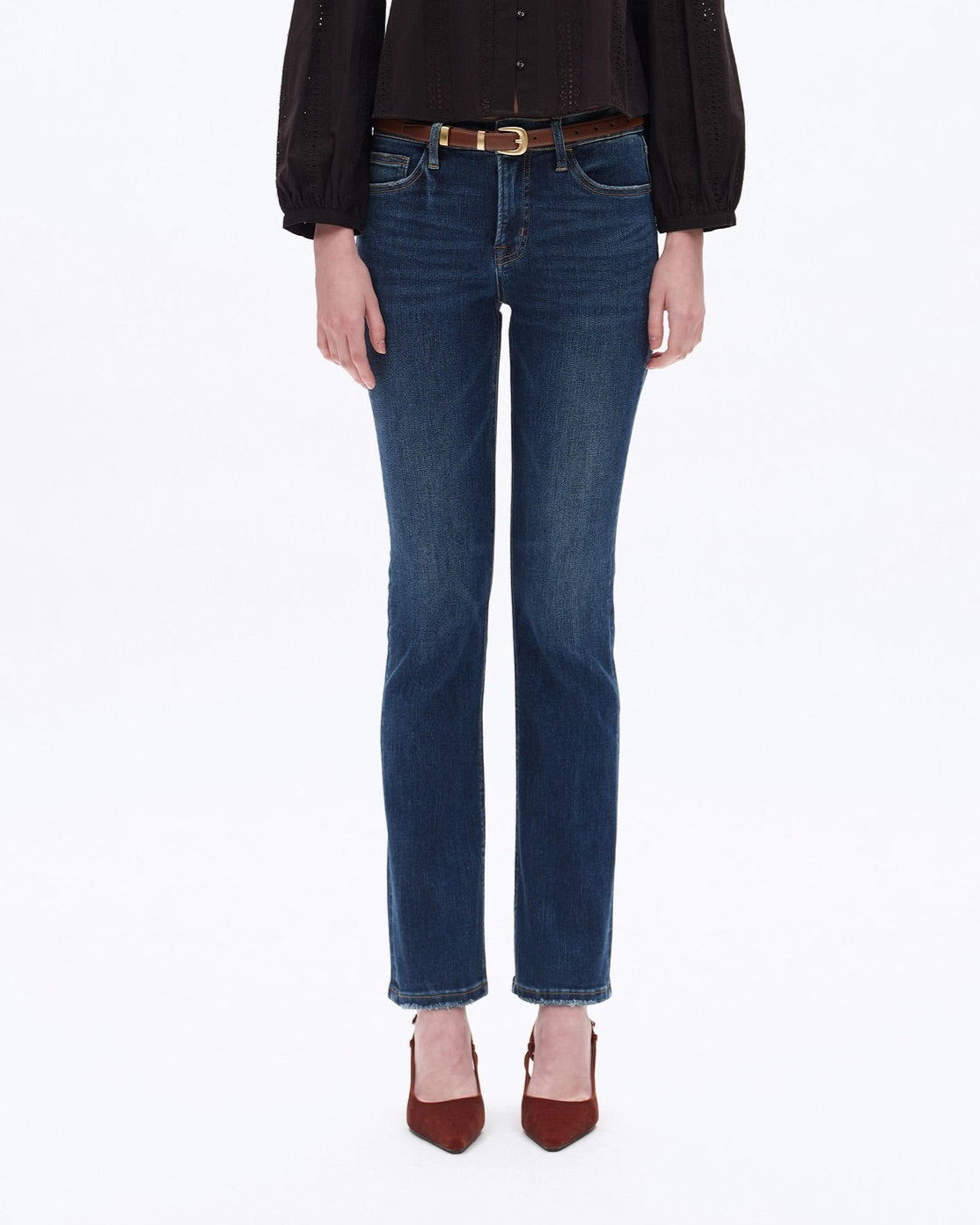 Mid-Rise Slim and Straight Super Stretch Jeans in Dark Blue with Finished Hem.
