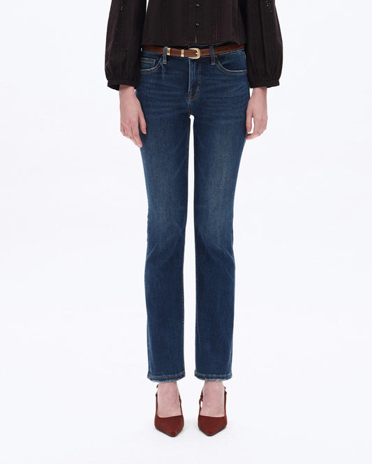 Mid-Rise Slim and Straight Super Stretch Jeans in Dark Blue with Finished Hem.