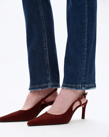 Mid-Rise Slim and Straight Super Stretch Jeans in Dark Blue with Finished Hem