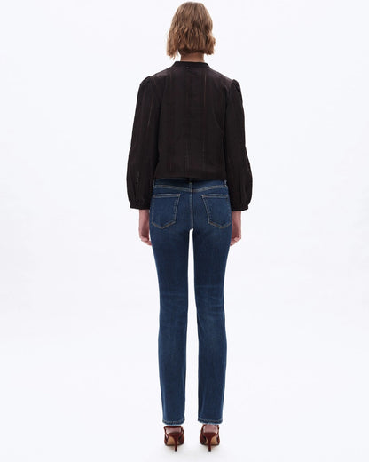 Mid-Rise Slim and Straight Super Stretch Jeans in Dark Blue with Finished Hem