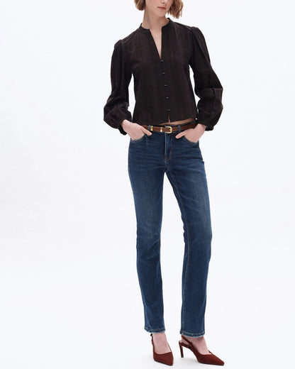 Mid-Rise Slim and Straight Super Stretch Jeans in Dark Blue with Finished Hem