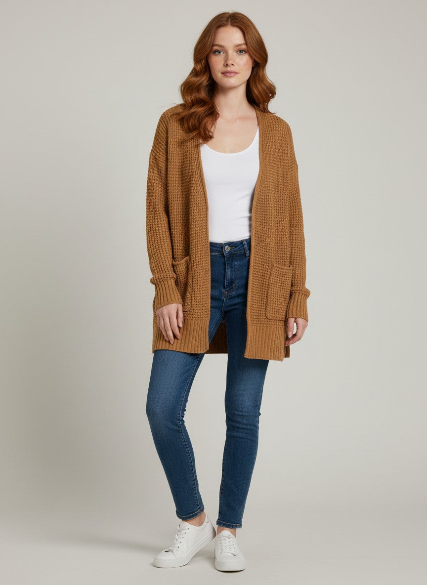 Deep Camel Open Front Waffle Knit Cardigan