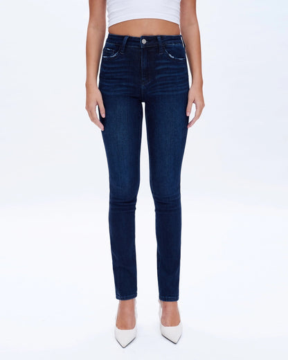 Slim and Straight Super Stretch Mid-Rise Jeans in Deep Sea Blue.