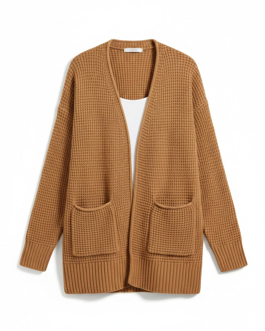 Deep Camel Open Front Cardigan flat lay with plain white tee underneath on a white background.
