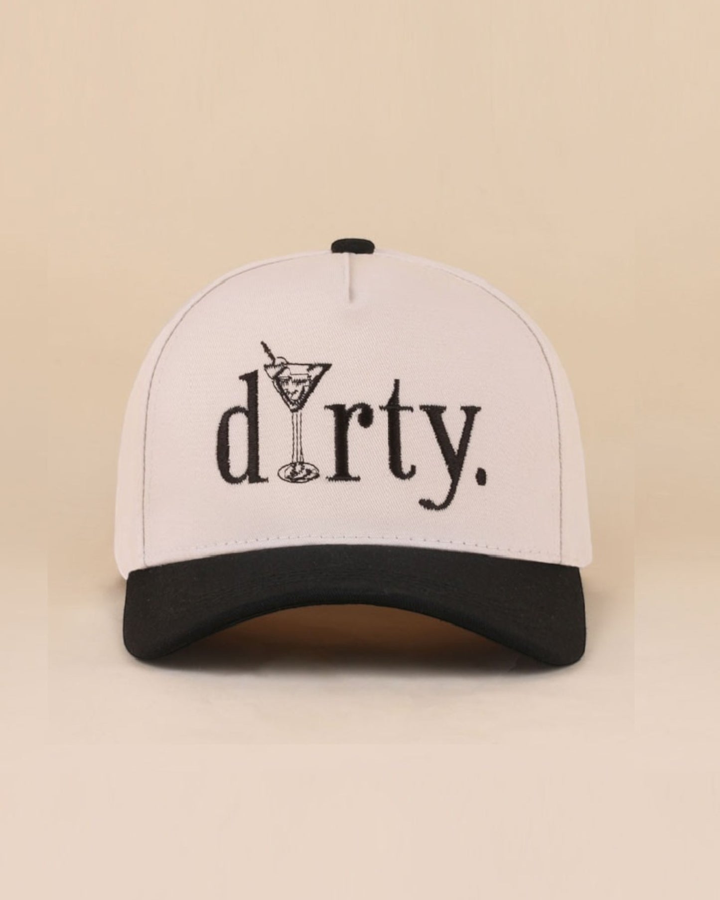 Cream and black cap with 'dirty.' text and martini glass graphic on beige background