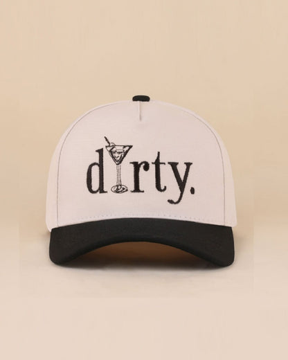 Cream and black cap with 'dirty.' text and martini glass graphic on beige background