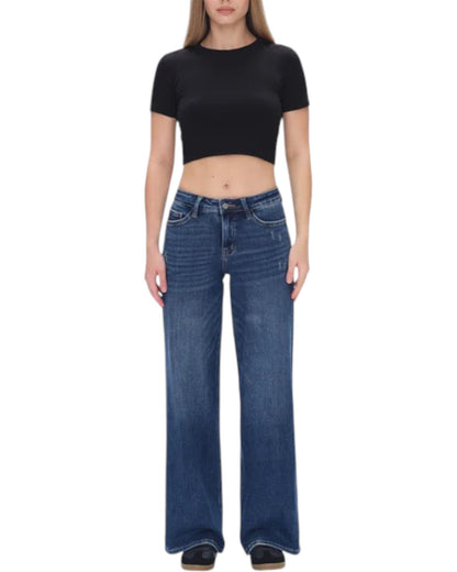 Easy Fit Mid-Rise Wide Leg Jeans - Dark Blue