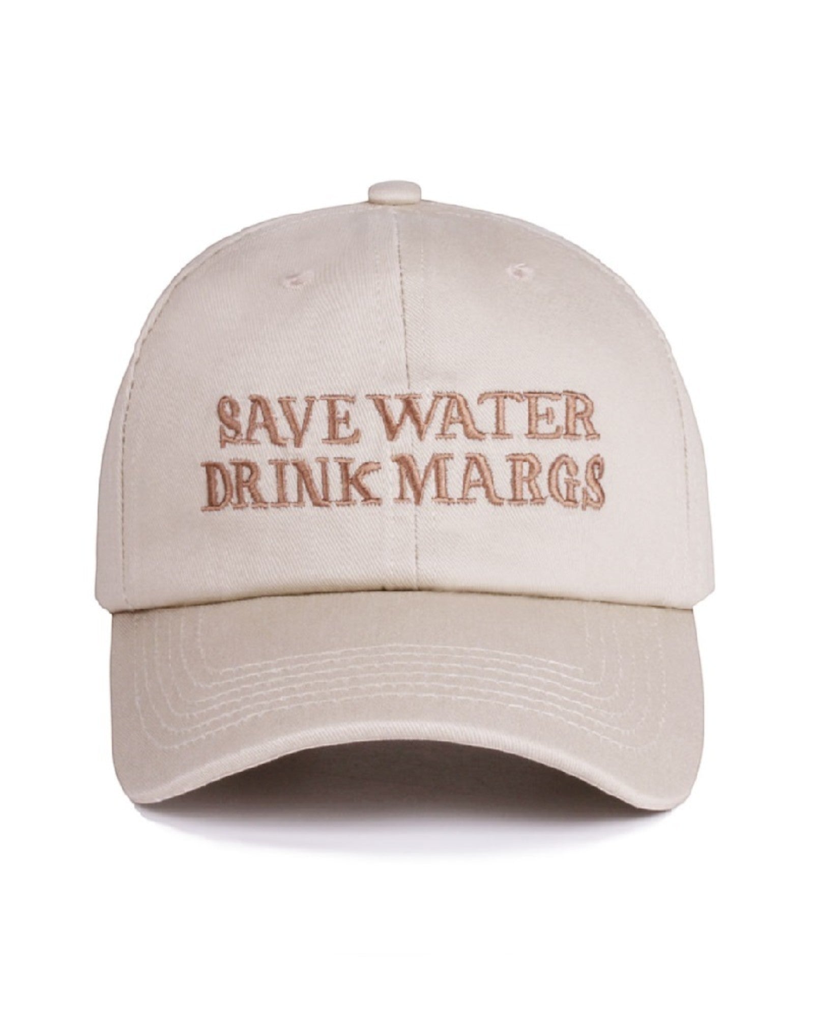Beige cap with 'Save Water Drink Margs' text on a white background