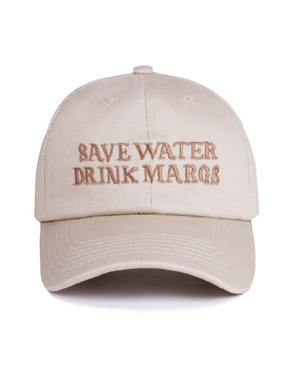 Beige cap with 'Save Water Drink Margs' text on a white background