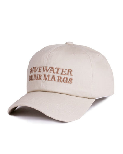 Beige cap with 'Save Water Drink Margs' text on a white background.