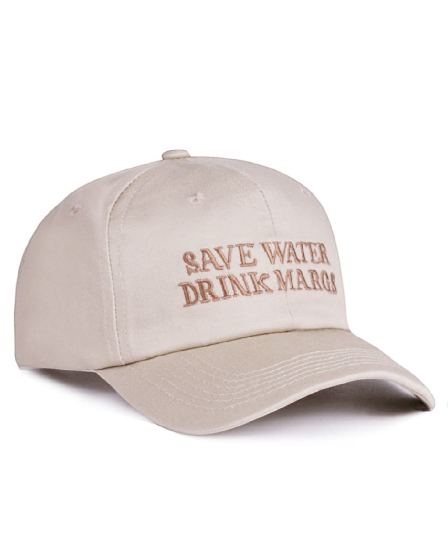 Beige cap with 'Save Water Drink Margs' text on a white background.