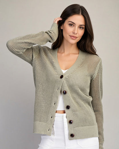 Front view of Dry Herb open-knit cardigan with deep V-neck, oversized brown buttons, and ribbed trim.
