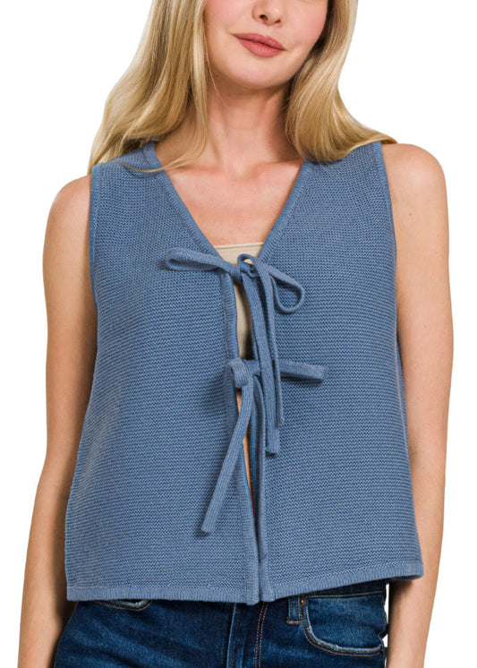 Dusty Blue 100% Cotton sleeveless sweater vest with two ties in front and semi-cropped cut.
