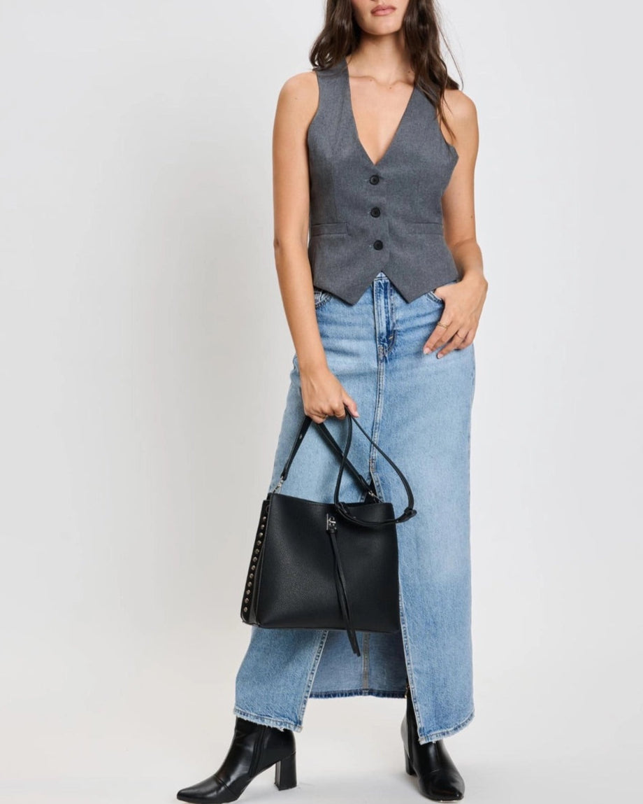 Eliza tassel vegan leather crossbody handbag with studs and turn lock in Almond or Black.