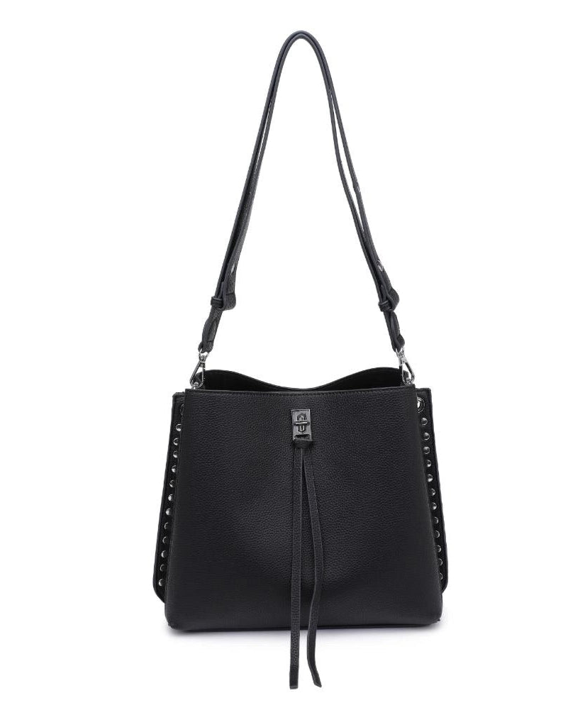 Eliza tassel vegan leather crossbody handbag with studs and turn lock in Almond or Black.