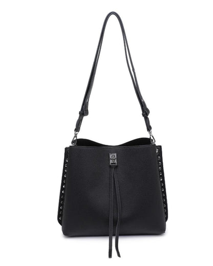 Eliza tassel vegan leather crossbody handbag with studs and turn lock in Almond or Black.