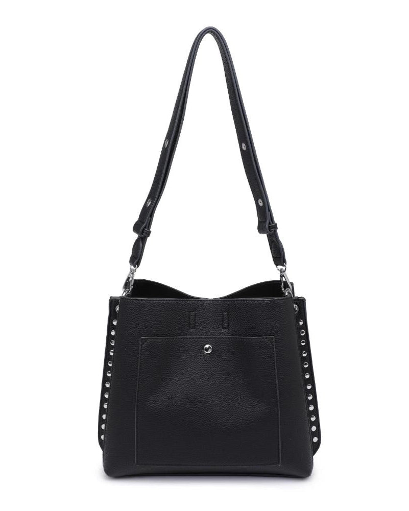 Eliza tassel vegan leather crossbody handbag with studs and turn lock in Almond or Black.