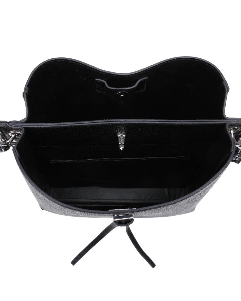 Eliza tassel vegan leather crossbody handbag with studs and turn lock in Almond or Black.
