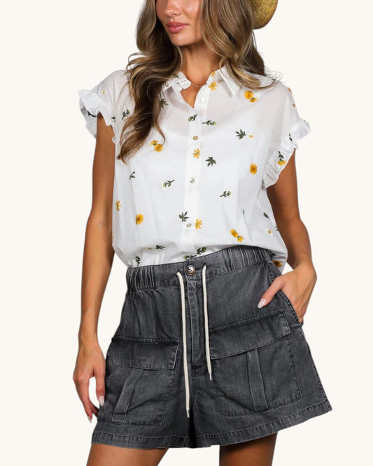 Meadow Flowers Ruffle Embroidered Cotton Top in off-white, front view