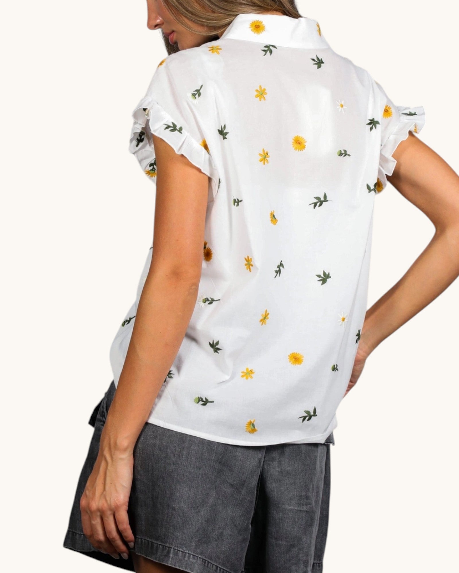Meadow Flowers Ruffle Embroidered Cotton Top in off-white, back view