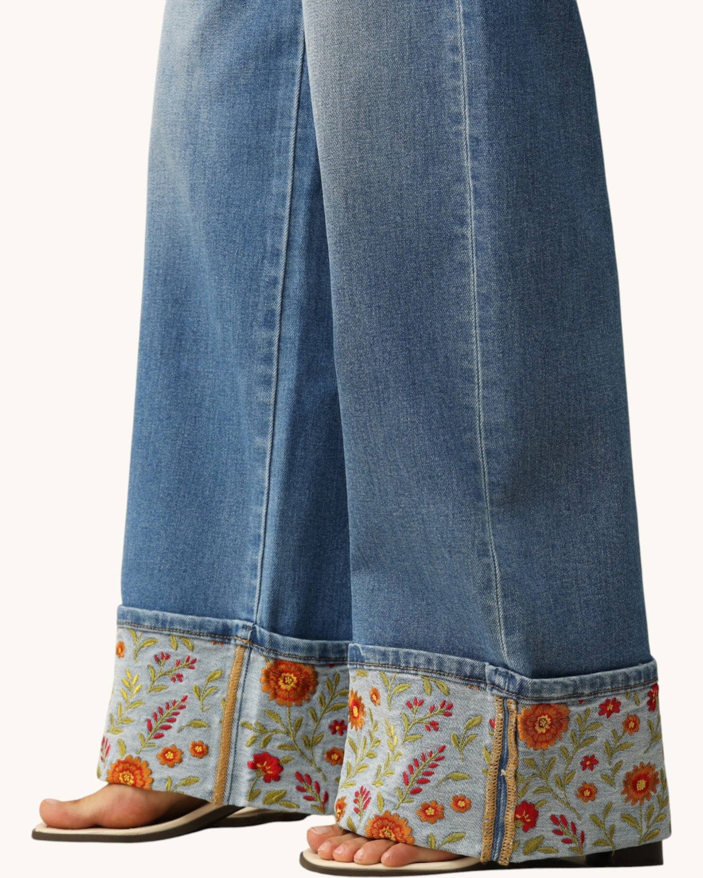 Bayeas Floral Embroidered Hem Wide Leg Jeans