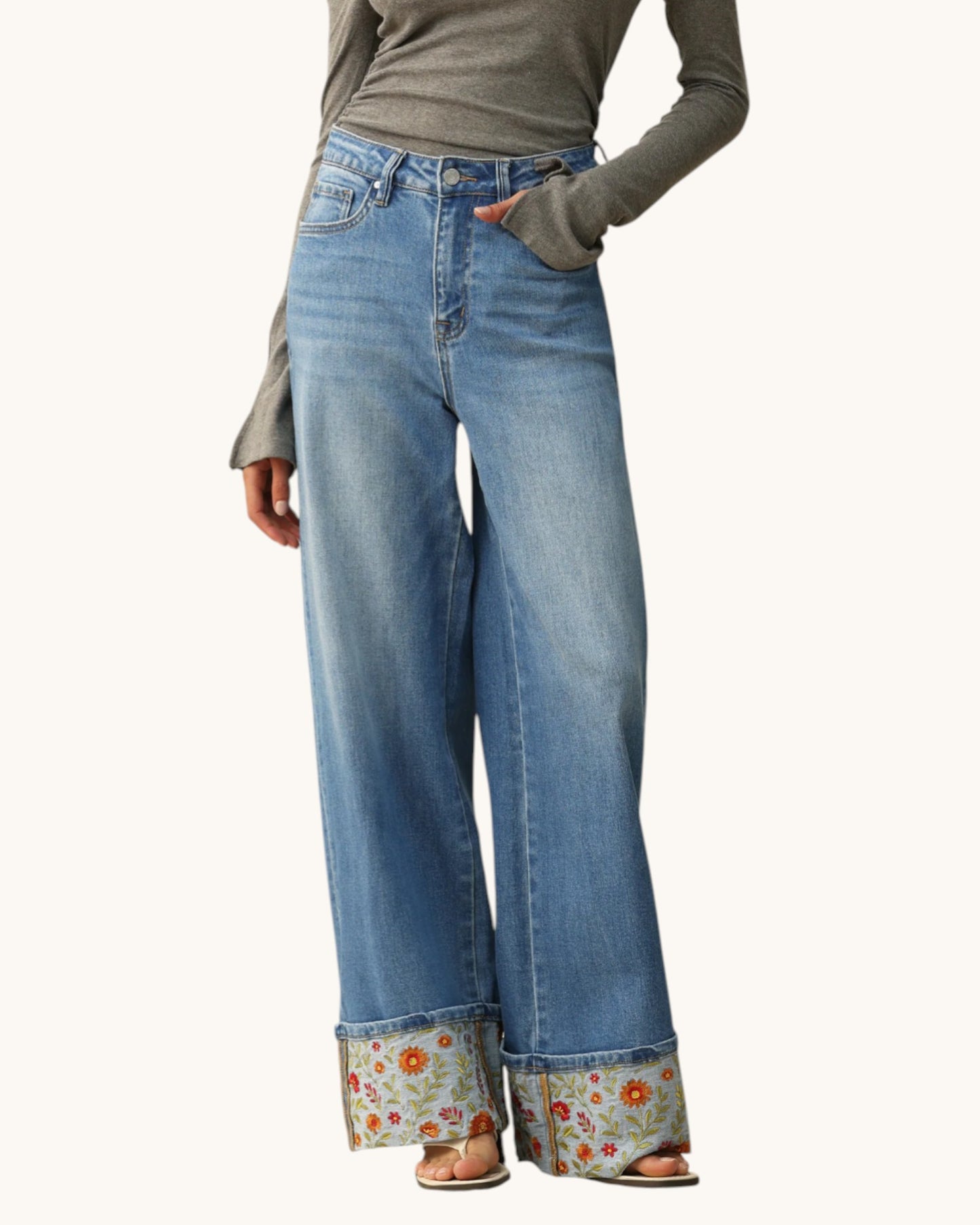 Bayeas Floral Embroidered Hem Wide Leg Jeans