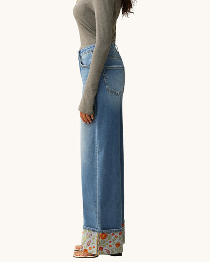 Bayeas Floral Embroidered Hem Wide Leg Jeans