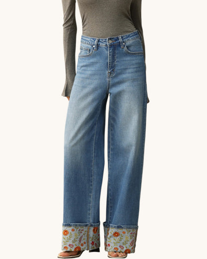 Bayeas Floral Embroidered Hem Wide Leg Jeans