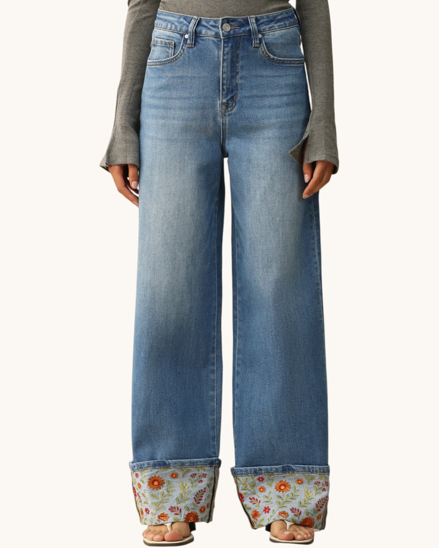 Bayeas Floral Embroidered Hem Wide Leg Jeans