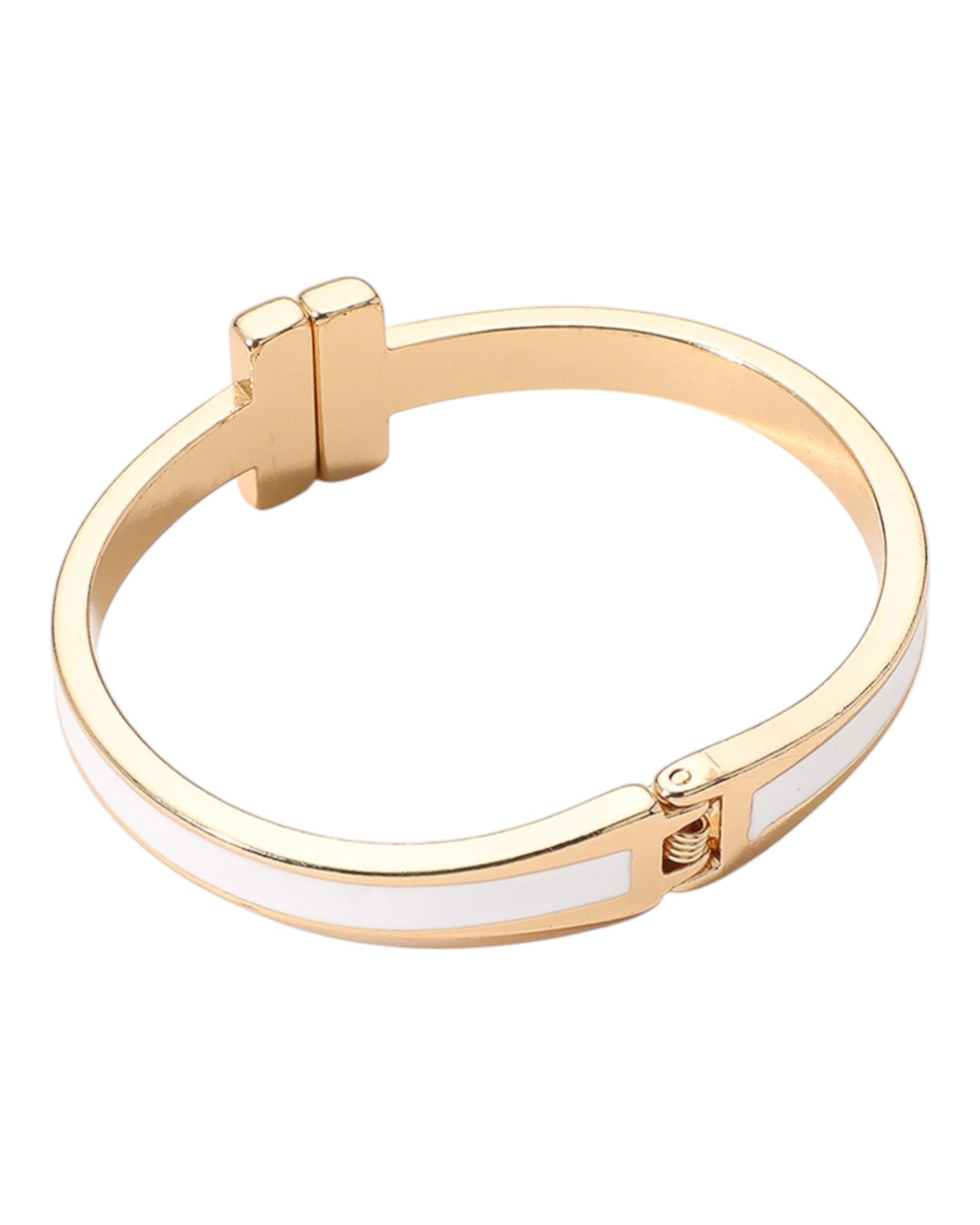 Gold bracelet with a white enamel accent on a white background.