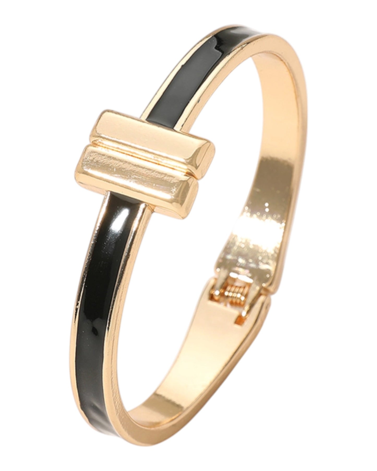 Gold and black bracelet on a white background.