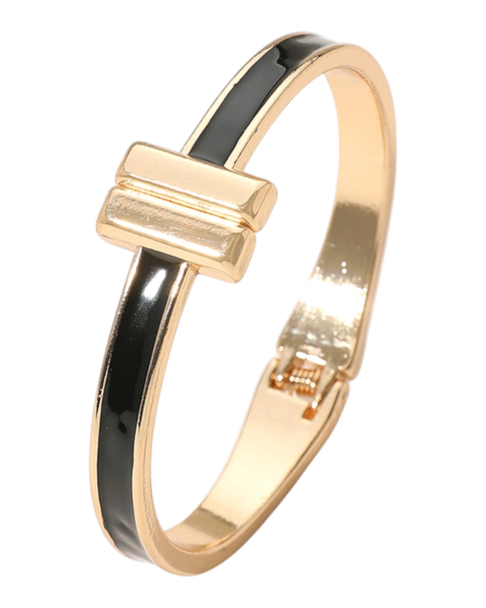 Gold and black bracelet on a white background.