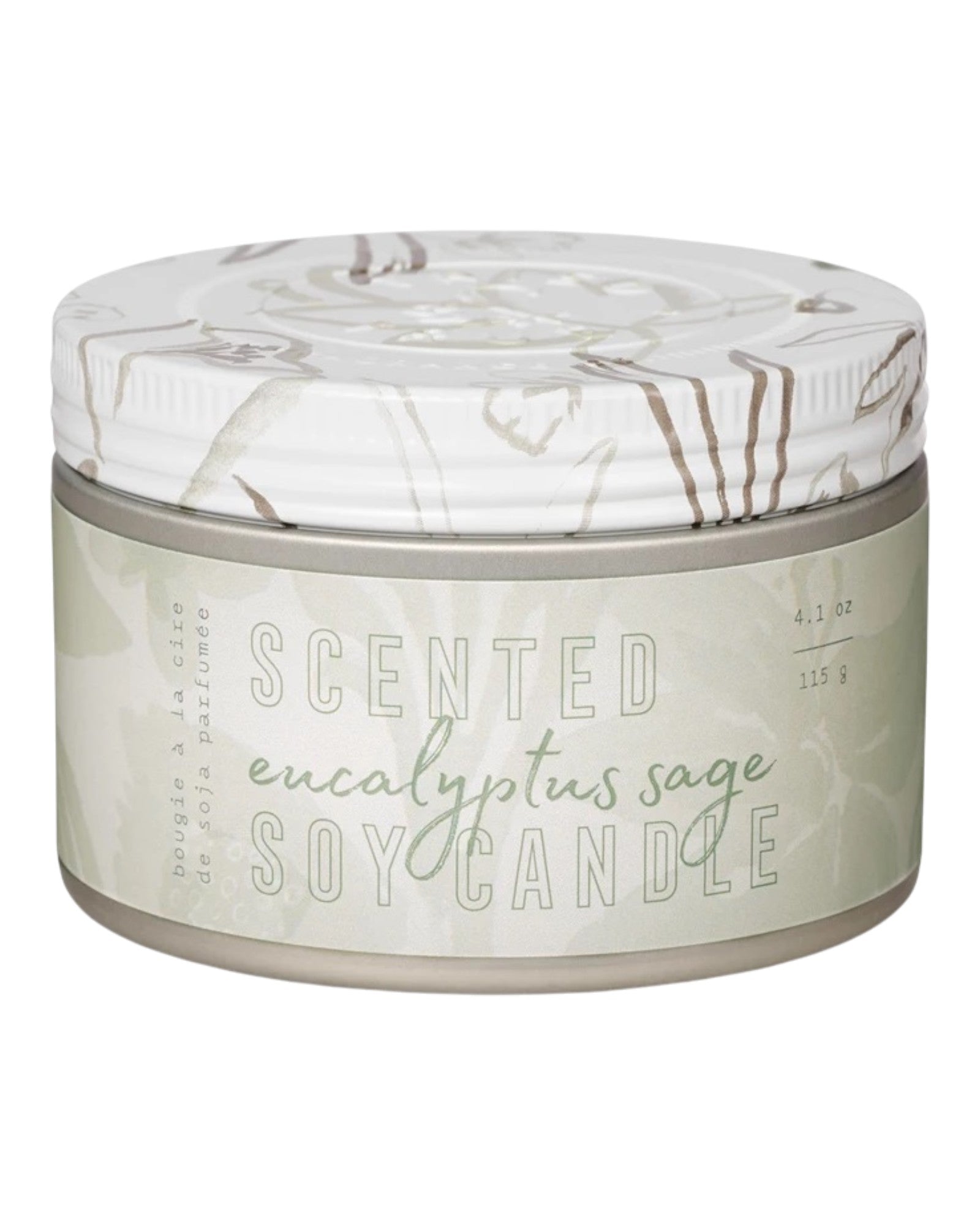 Scented eucalyptus sage soy candle with marble pattern on lid.