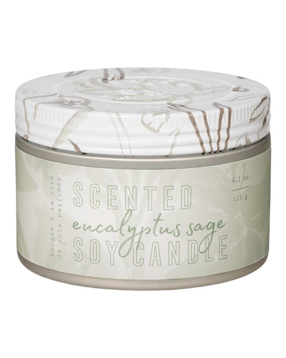Scented eucalyptus sage soy candle with marble pattern on lid.