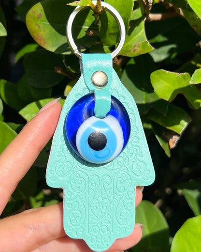 Evil Eye & Hamsa Hand Leather & Glass Keychain in Turquoise. 