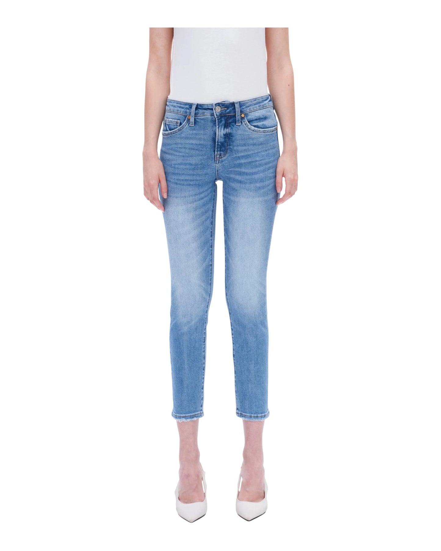 Person wearing light blue cropped jeans on a white background.
