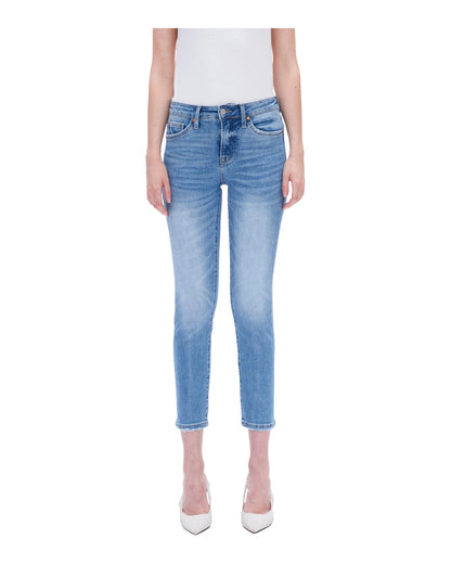 Person wearing light blue cropped jeans on a white background.