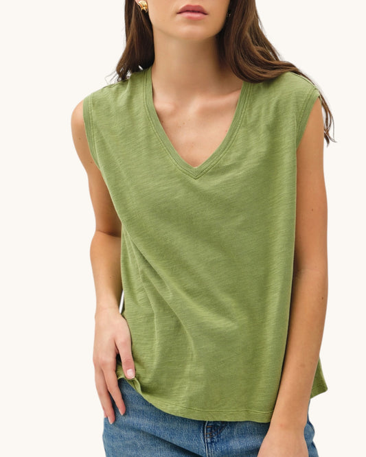 Fern Essential Cotton Slub Tank Top, V-Neck, sleeveless and washed green color.