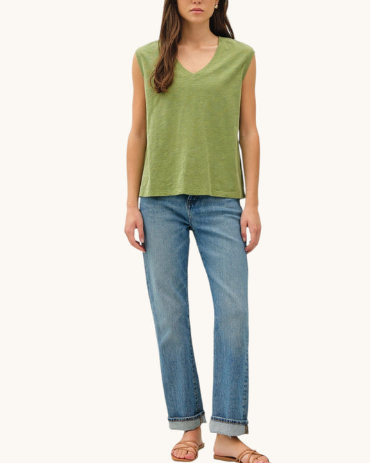 Fern Essential Cotton Slub Tank Top, sleeveless V-Neck paired with blue jeans.