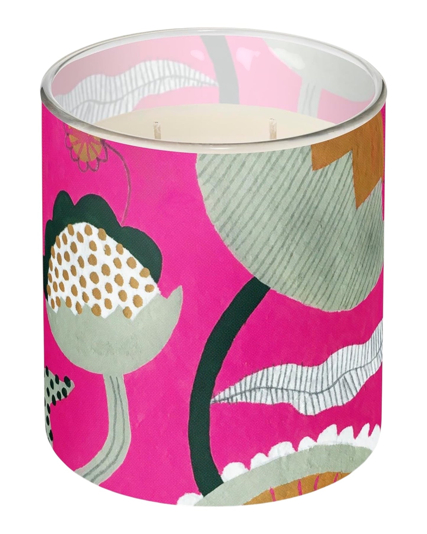 Candle with pink floral design on a white background. 