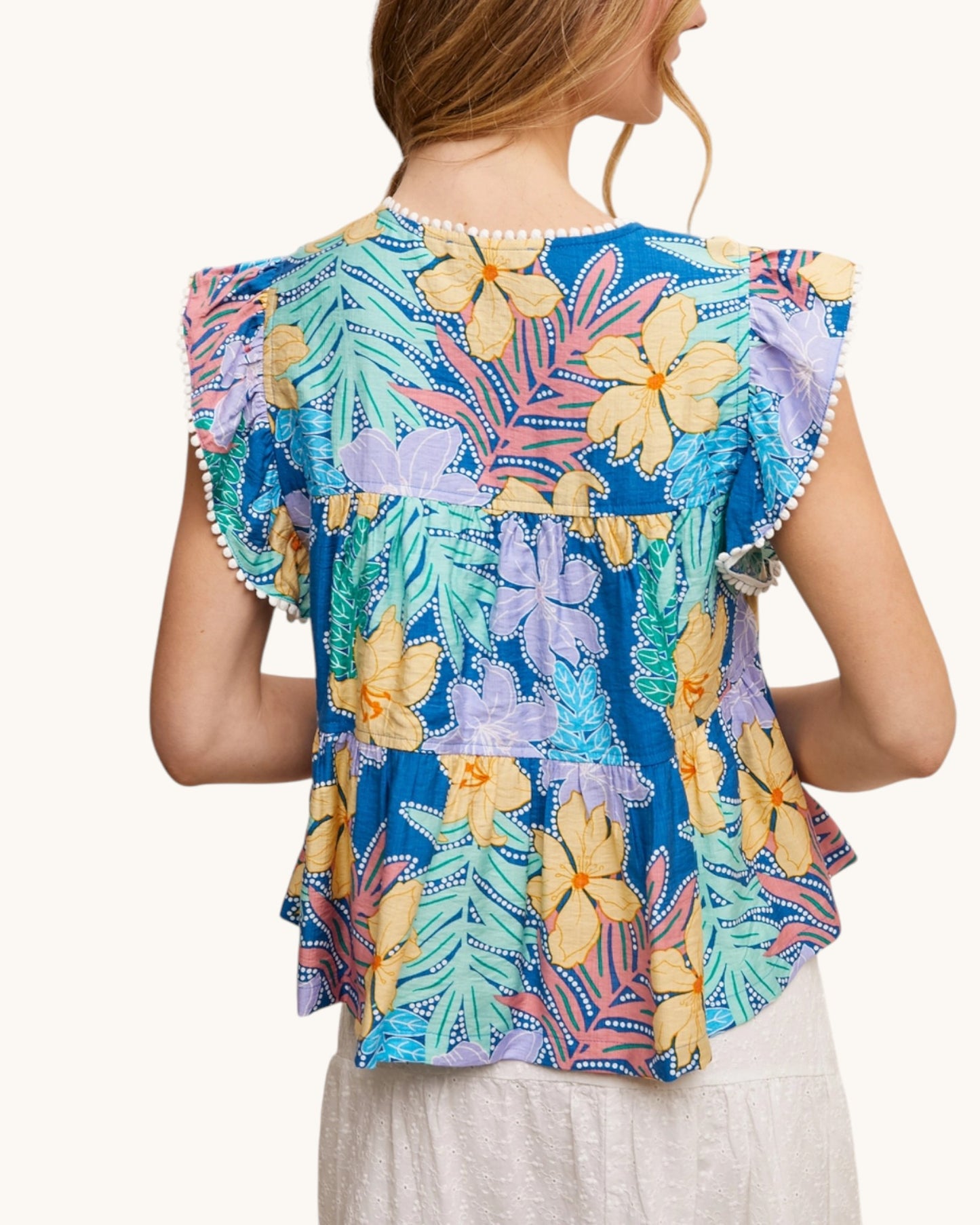 Back view of the Waikiki Bloom Tropical Tie Front Top.