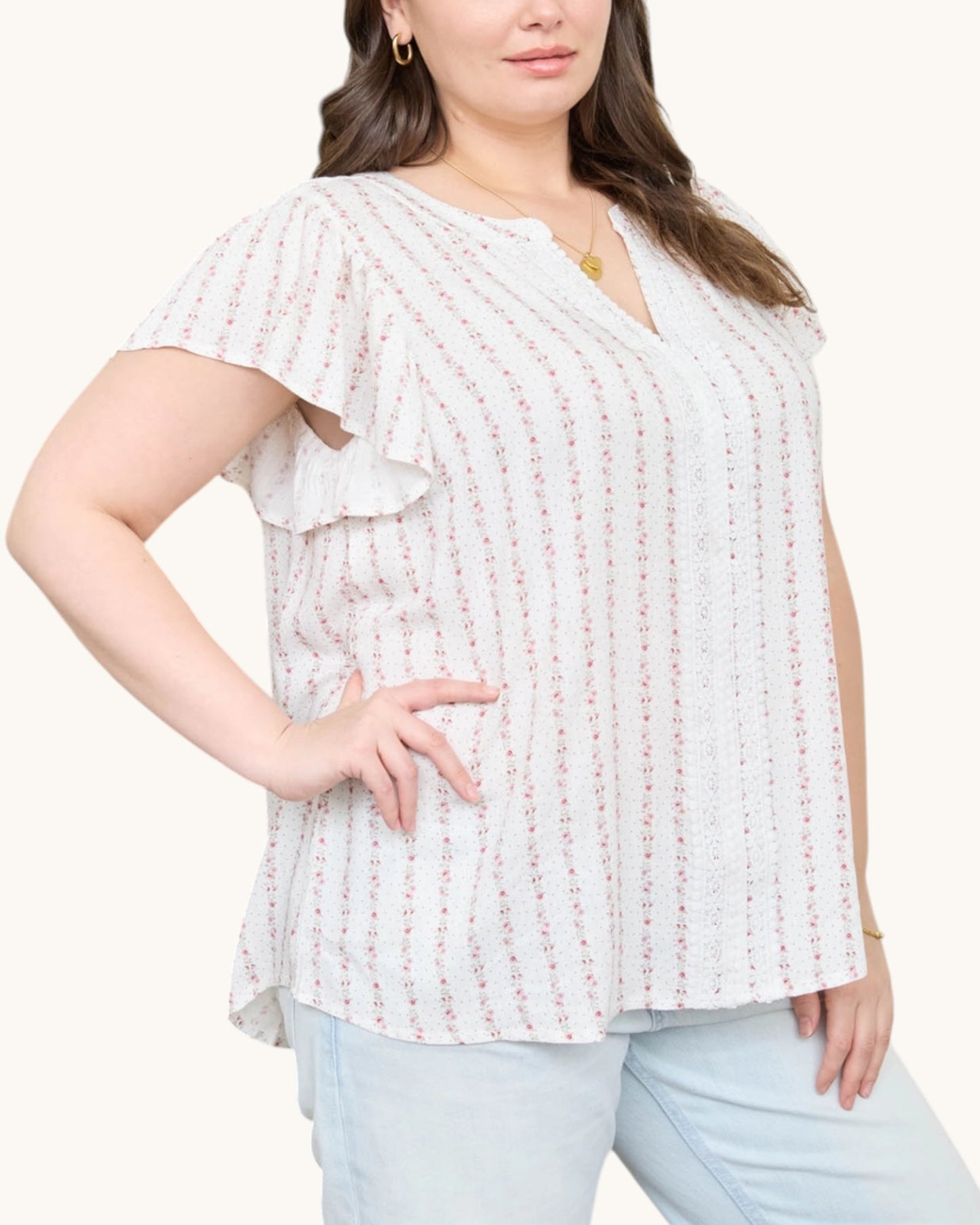 Blush Pink Garland Striped Woven Top - white top with delicate pink floral garland striped and v-neckline with ruffle sleeves. 