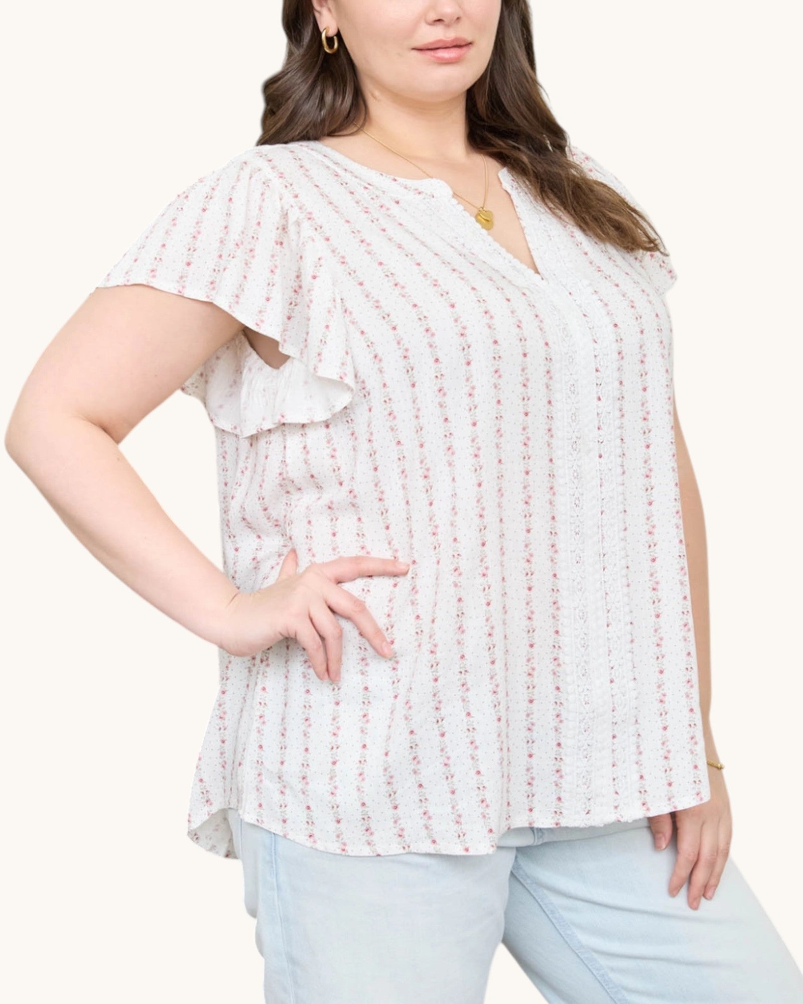 Blush Pink Garland Striped Woven Top - white top with delicate pink floral garland striped and v-neckline with ruffle sleeves. 