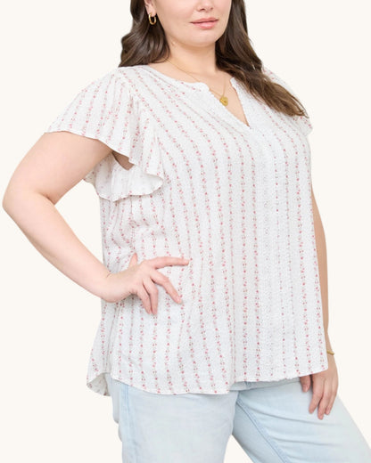 Blush Pink Garland Striped Woven Top - white top with delicate pink floral garland striped and v-neckline with ruffle sleeves. 