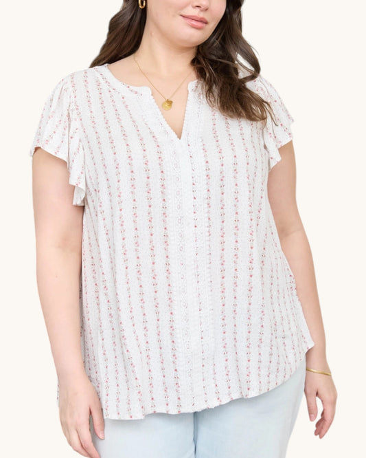 Blush Pink Garland Striped Woven Top - white top with delicate pink floral garland striped and v-neckline with ruffle sleeves. 