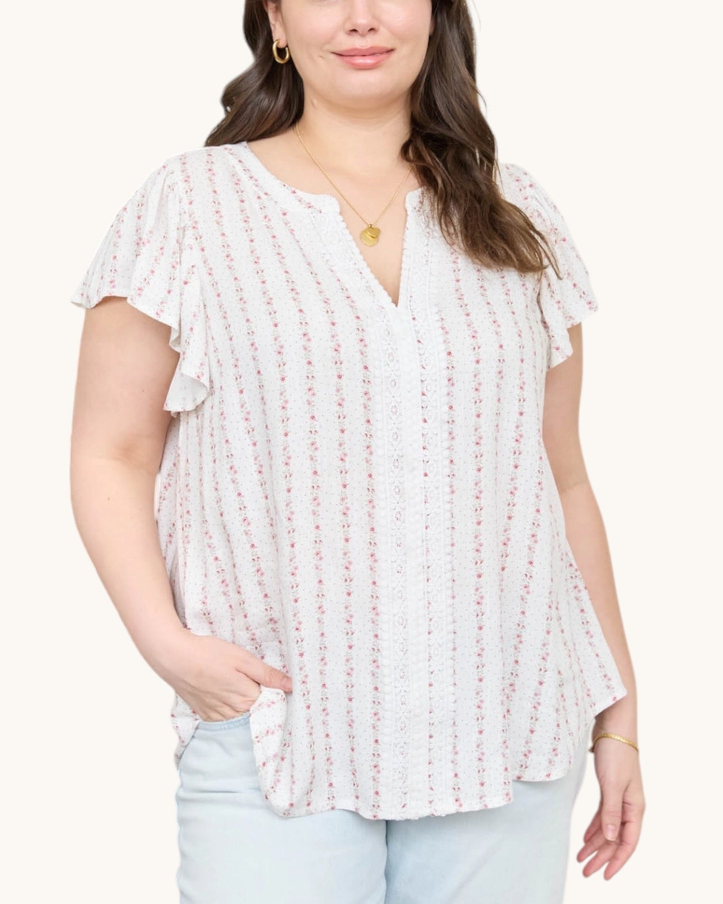 Blush Pink Garland Striped Woven Top - white top with delicate pink floral garland striped and v-neckline with ruffle sleeves. 