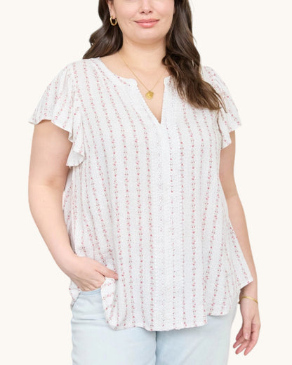 Blush Pink Garland Striped Woven Top - white top with delicate pink floral garland striped and v-neckline with ruffle sleeves. 