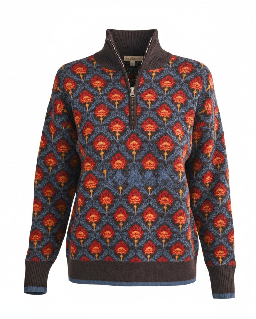 Patterned floral 1/2 zip brown and blue sweater with red and orange vintage floral accents on a white background.